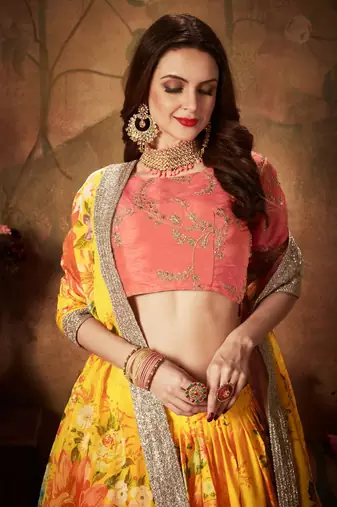yellow peach floral digital printed organza bridal lehenga set choli with dupatta