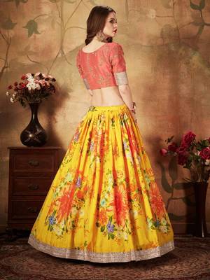 yellow peach floral digital printed organza bridal lehenga set choli with dupatta 5