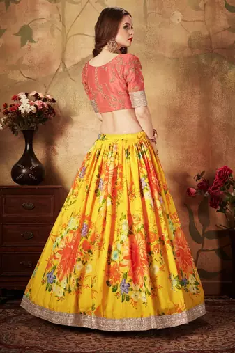 yellow peach floral digital printed organza bridal lehenga set choli with dupatta