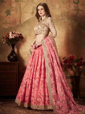 pink floral digital printed organza lehenga set choli with dupatta 1