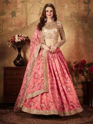 pink floral digital printed organza lehenga set choli with dupatta 3