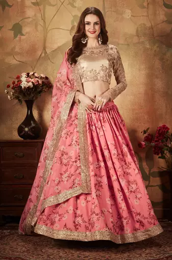 pink floral digital printed organza lehenga set choli with dupatta