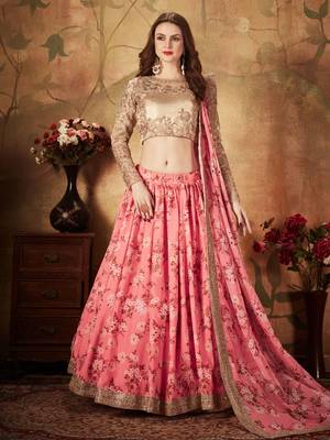 pink floral digital printed organza lehenga set choli with dupatta 4