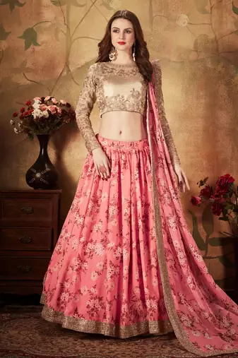 pink floral digital printed organza lehenga set choli with dupatta