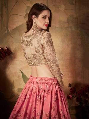pink floral digital printed organza lehenga set choli with dupatta 5