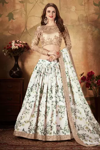 white floral digital printed organza lehenga set choli with dupatta