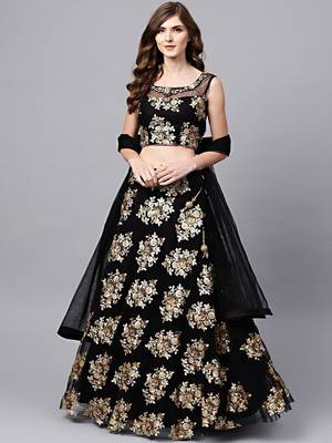 black floral golden sequins work net fabric party lehenga set choli with dupatta 1
