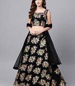 black floral golden sequins work net fabric party lehenga set choli with dupatta