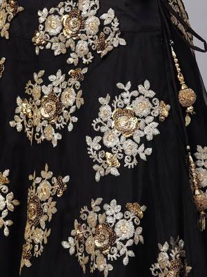 black floral golden sequins work net fabric party lehenga set choli with dupatta 3