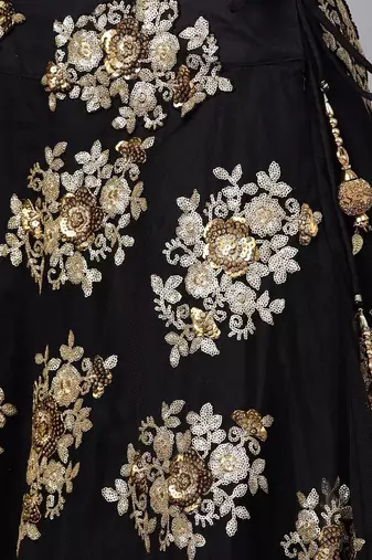 black floral golden sequins work net fabric party lehenga set choli with dupatta