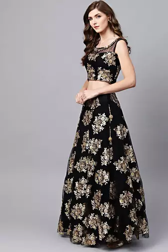 black floral golden sequins work net fabric party lehenga set choli with dupatta