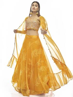 yellow digital printed organza party lehenga set choli with dupatta 1