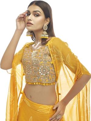 yellow digital printed organza party lehenga set choli with dupatta 2