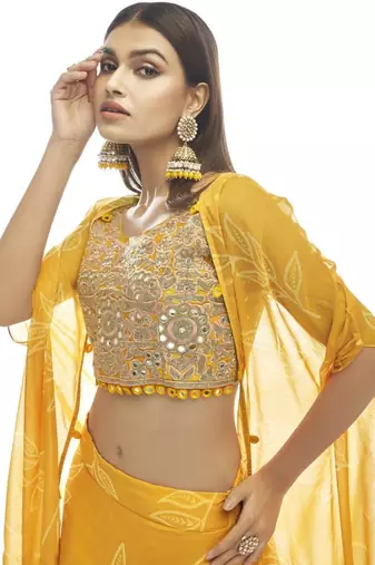 yellow digital printed organza party lehenga set choli with dupatta