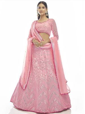 baby pink thread embroidered georgette lehenga set choli with dupatta 1