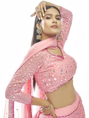 baby pink thread embroidered georgette lehenga set choli with dupatta 2