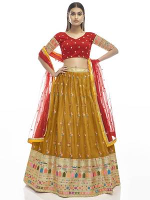 mustard yellow sequins embroidered georgette lehenga set choli with dupatta 1