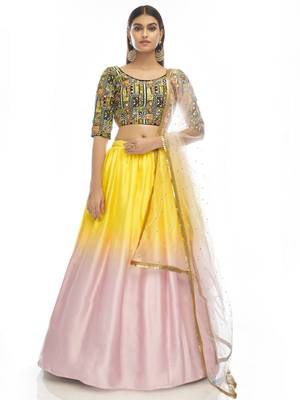 shaded pink and yellow georgette lehenga with embroidered choli 1