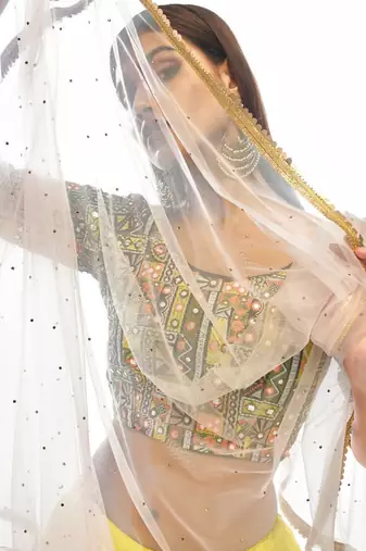 shaded pink and yellow georgette lehenga with embroidered choli