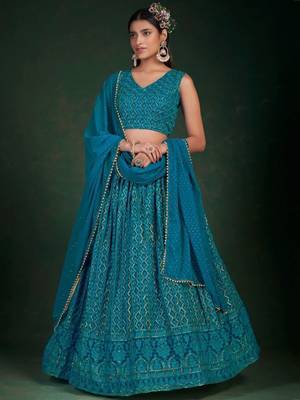 teal blue sequins embroidery georgette lehenga set choli with dupatta 1