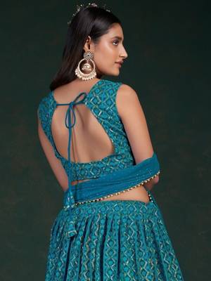teal blue sequins embroidery georgette lehenga set choli with dupatta 3