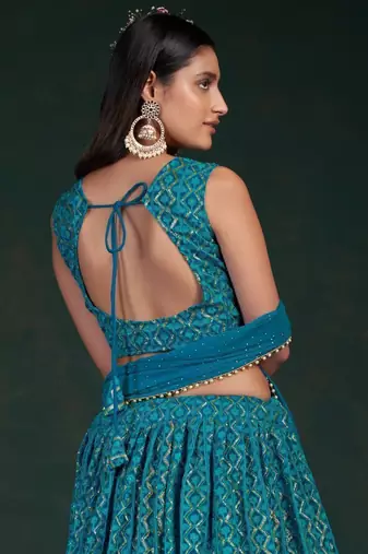 teal blue sequins embroidery georgette lehenga set choli with dupatta
