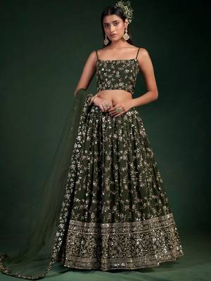 olive green sequins embroidered georgette lehenga set choli with dupatta 1
