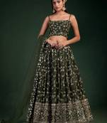 olive green sequins embroidered georgette lehenga set choli with dupatta