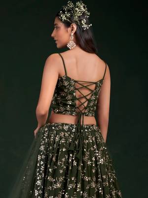 olive green sequins embroidered georgette lehenga set choli with dupatta 3