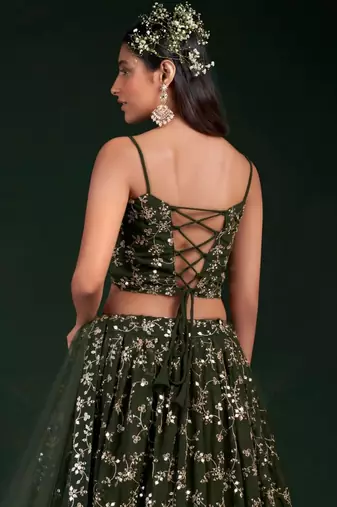 olive green sequins embroidered georgette lehenga set choli with dupatta