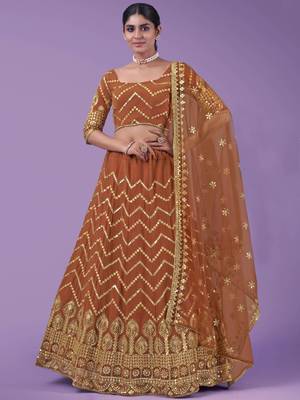 orange zari work georgette party lehenga set choli with dupatta 1