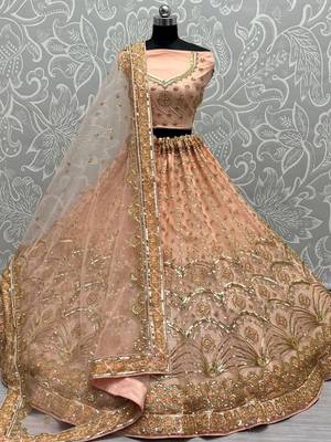 peach sequined embroiderey net lehenga set choli with dupatta 1
