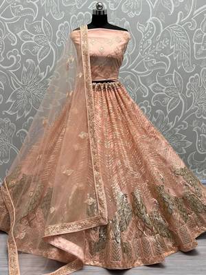 peach sequined embroidery lehenga set choli with dupatta 1