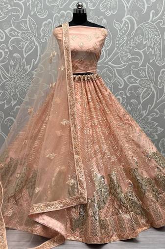 Peach Sequined Embroidery Wedding Wear Lehenga Choli