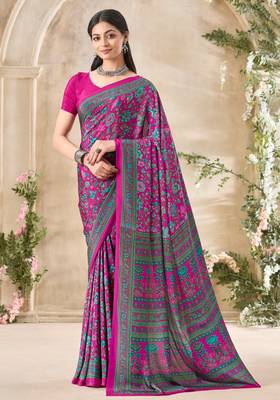 Magenta pink floral print crepe silk fancy saree with unstitched blouse for women's wear 1
