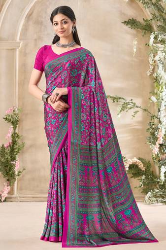 Magenta pink floral print crepe silk fancy saree with unstitched blouse for women's wear