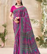 Magenta pink floral print crepe silk fancy saree with unstitched blouse for women's wear