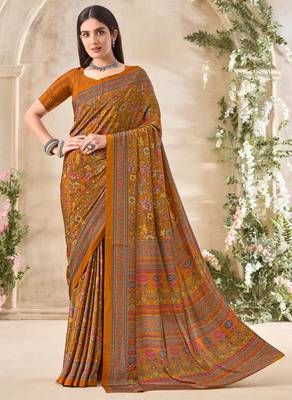 Gold mustard floral print crepe saree with unstitched blouse 1