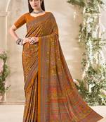 Gold mustard floral print crepe saree with unstitched blouse