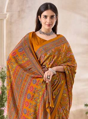 Gold mustard floral print crepe saree with unstitched blouse 2