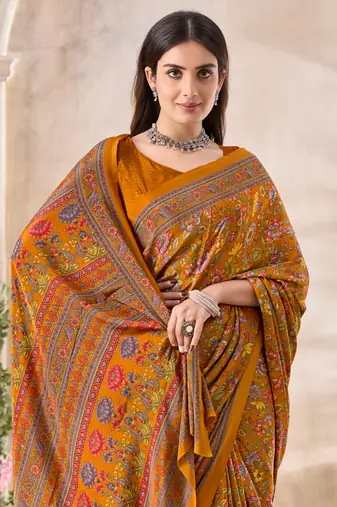Gold mustard floral print crepe saree with unstitched blouse