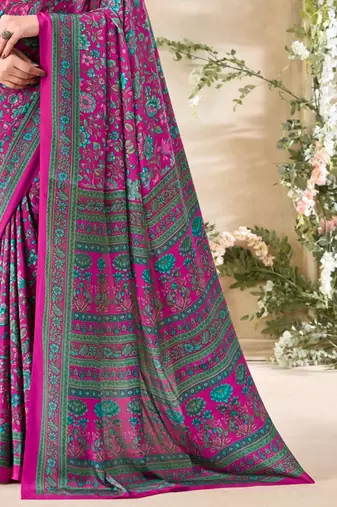 Magenta pink floral print crepe silk fancy saree with unstitched blouse for women's wear