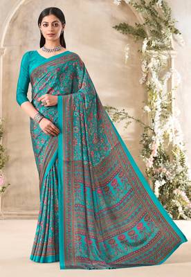 Turquoise floral print crepe silk fancy saree with unstitched blouse for women's wear 1