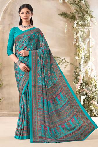 Turquoise floral print crepe silk fancy saree with unstitched blouse for women's wear