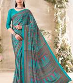 Turquoise floral print crepe silk fancy saree with unstitched blouse for women's wear