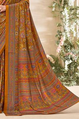 Gold mustard floral print crepe saree with unstitched blouse 3