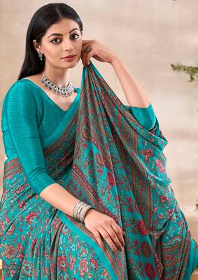 Turquoise floral print crepe silk fancy saree with unstitched blouse for women's wear 2