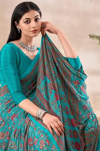 Turquoise floral print crepe silk fancy saree with unstitched blouse for women's wear