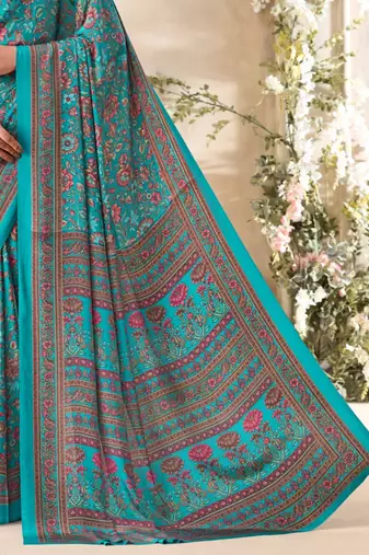 Turquoise floral print crepe silk fancy saree with unstitched blouse for women's wear