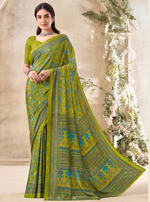 Mehendi green floral print crepe silk fancy saree with unstitched blouse for women's wear 1